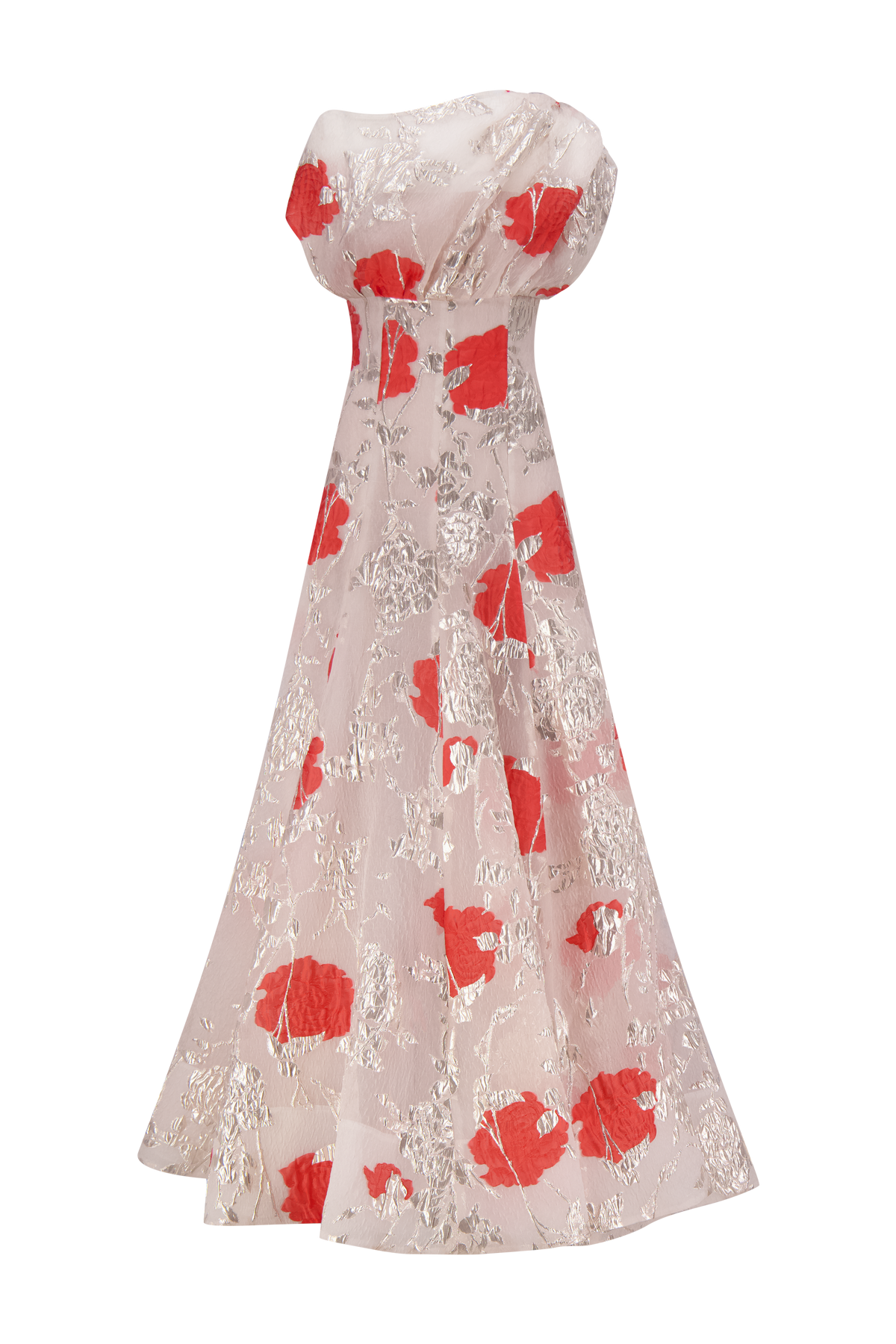 Floral Fil Coupé Draped Shoulder Pleated Gown in Blush Multi