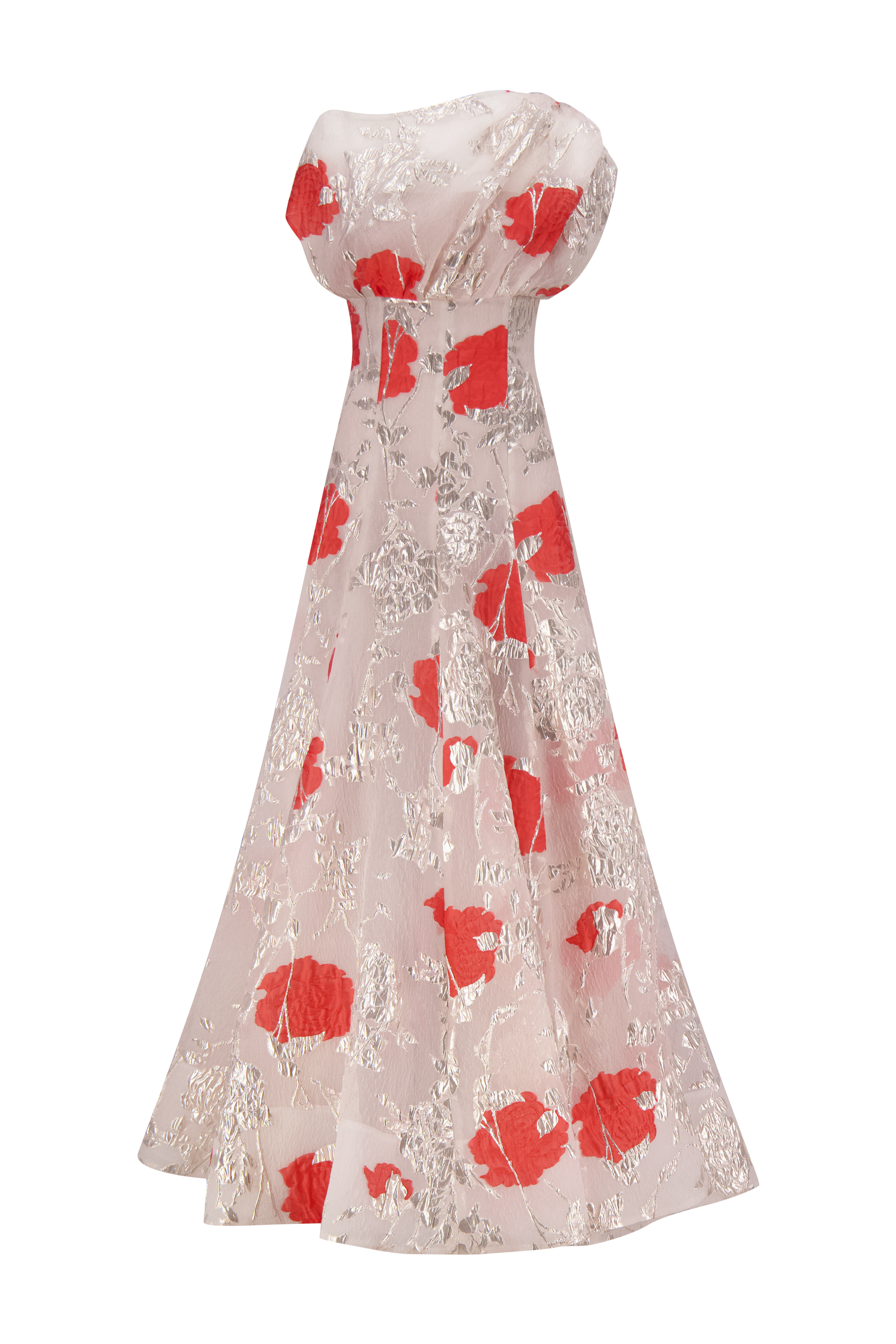 Floral Fil Coupé Draped Shoulder Pleated Gown in Blush Multi