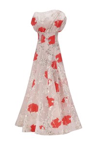 Floral Fil Coupé Draped Shoulder Pleated Gown in Blush Multi