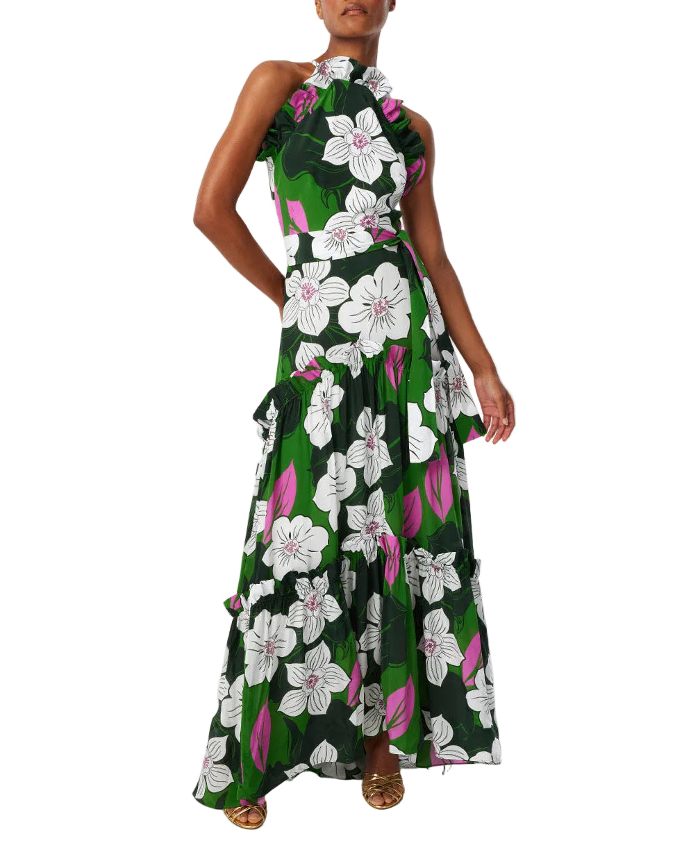 Front view of Tatiana crepe dress in Obscura showing halter neckline, ruffle details, fitted bodice and flowing floral skirt