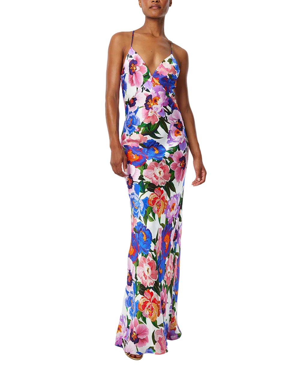 Olive Satin Dress in Floral Candy