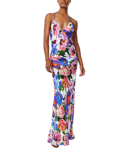 Olive Satin Dress in Floral Candy
