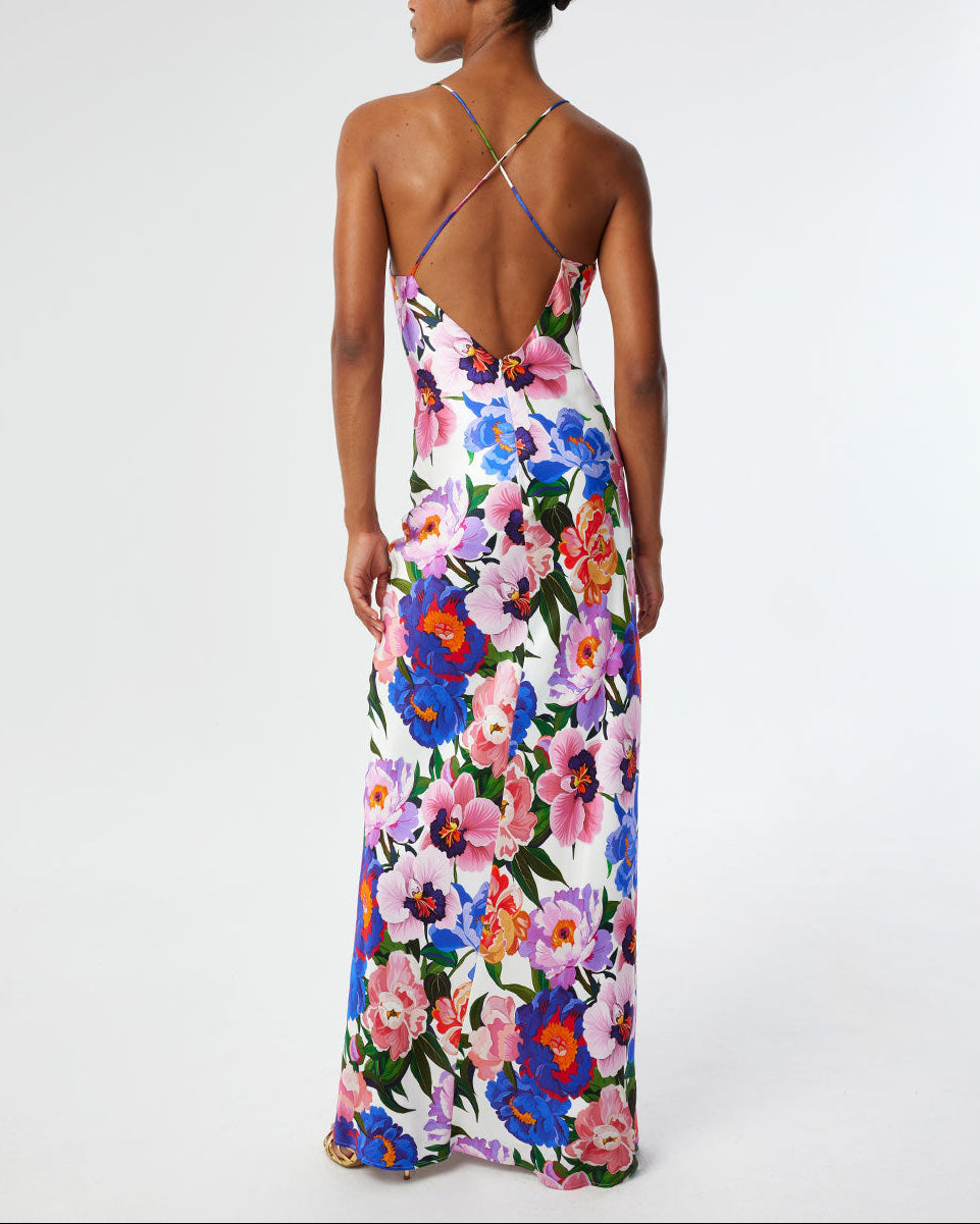 Olive Satin Dress in Floral Candy