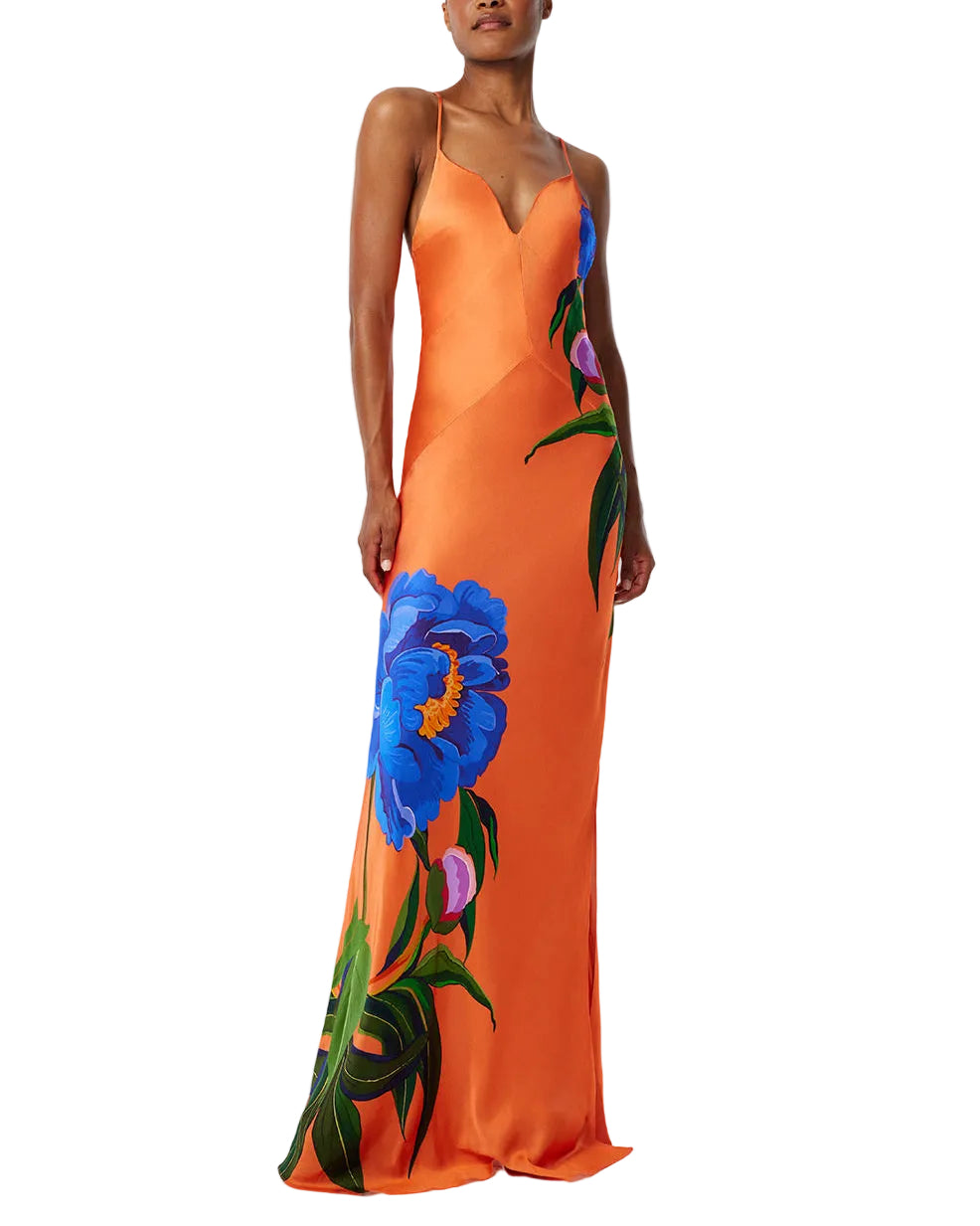 Front view of Olive satin slip dress in floral candy coral with large blue flower print, thin straps, bias-cut fit on model