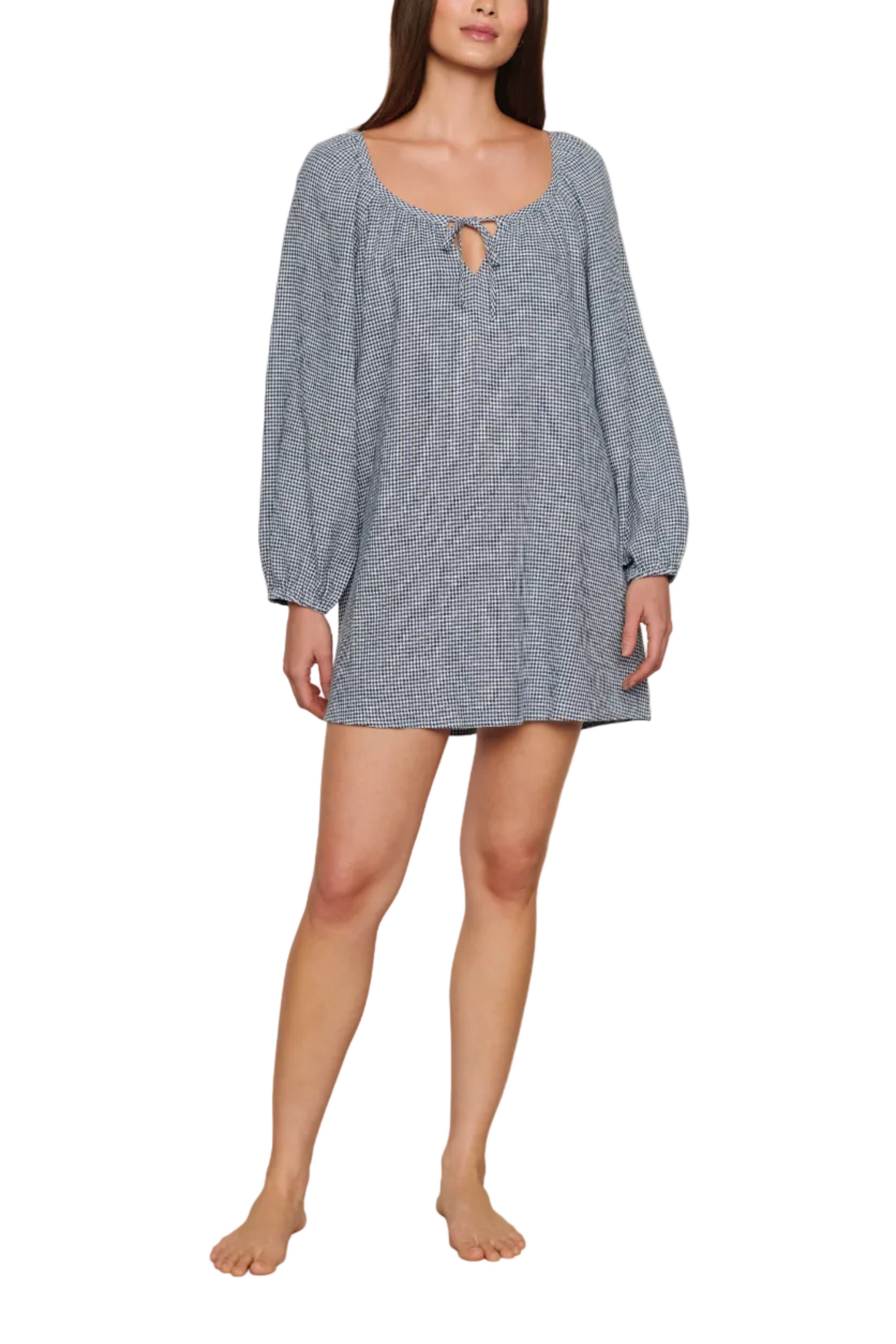 Linen Blend Short Dress in Gingham White/Navy