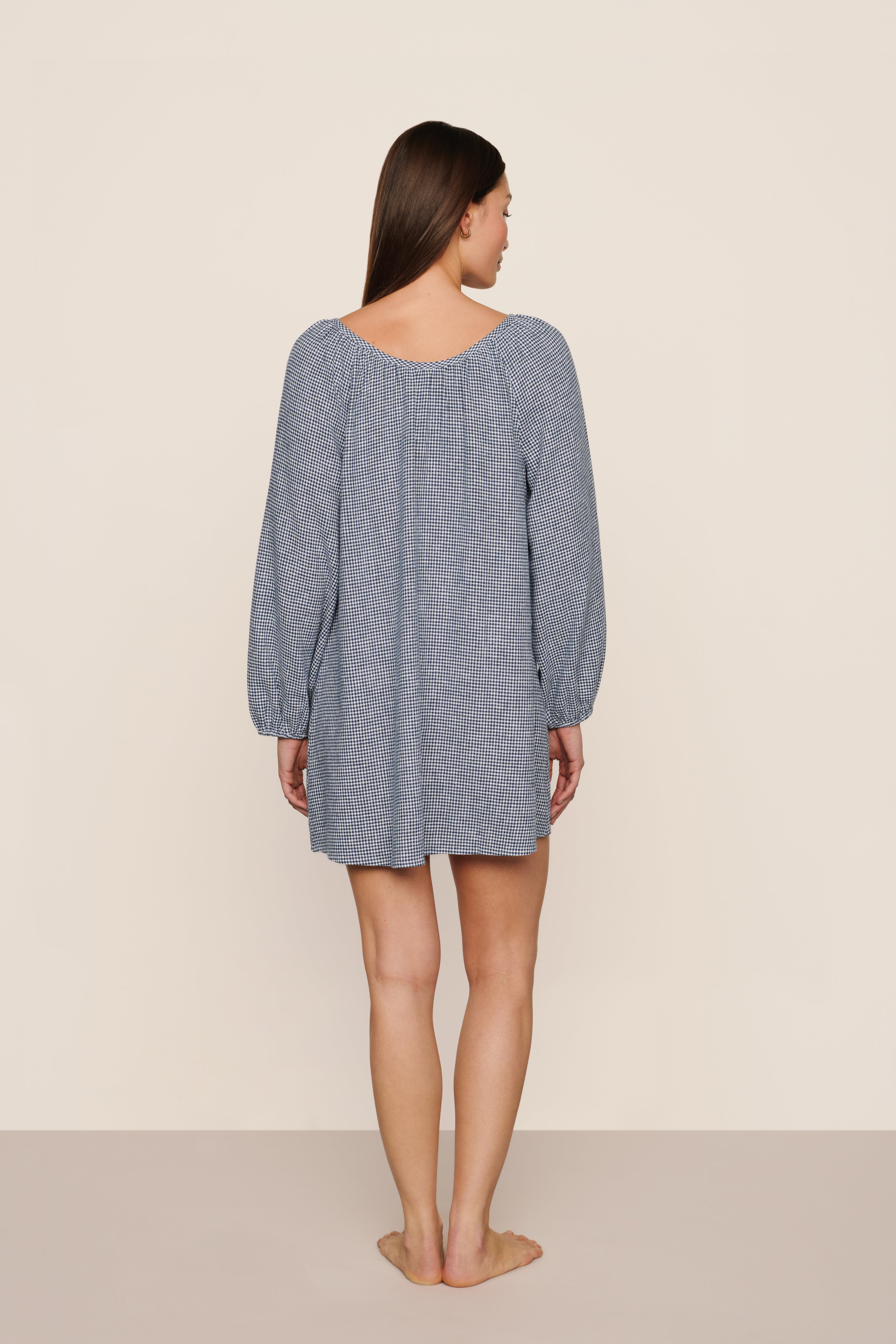 Linen Blend Short Dress in Gingham White/Navy