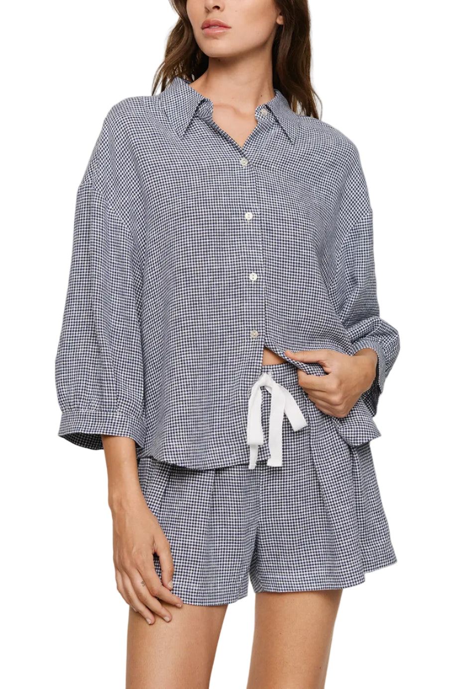 Linen Blend Relaxed Short in Gingham White/Navy