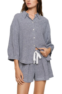 Linen Blend Relaxed Short in Gingham White/Navy