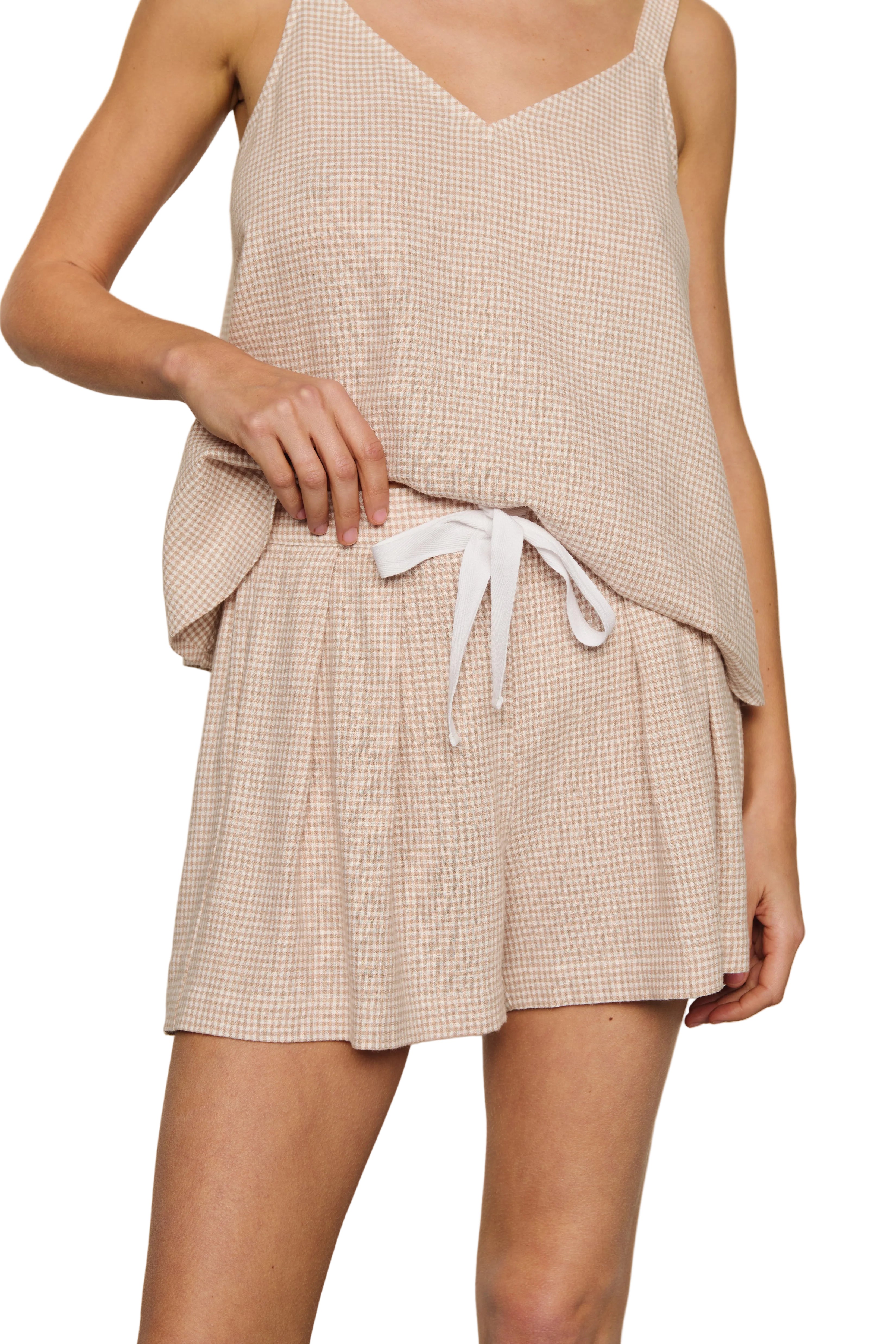 Linen Blend Relaxed Short in Gingham White/Warm Taupe