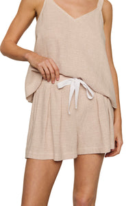 Linen Blend Relaxed Short in Gingham White/Warm Taupe