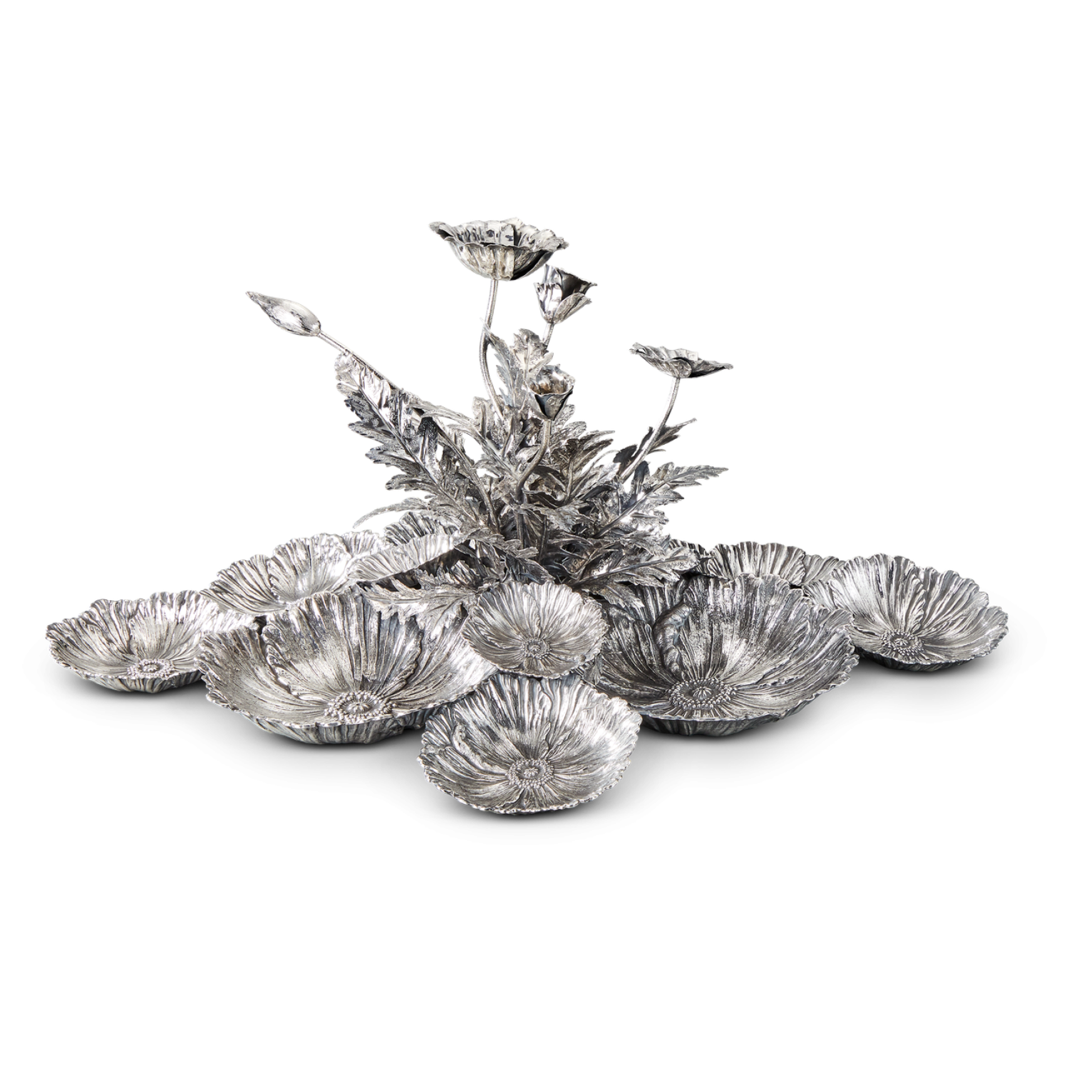 9-POPPY FLOWER CENTERPIECE IN SILVER