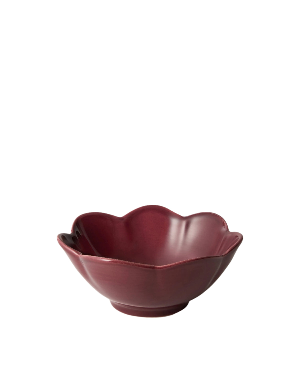 Angled view of Fiore Ice Cream Bowl in Burgundy showcasing rich burgundy glaze and scalloped edges with a white background