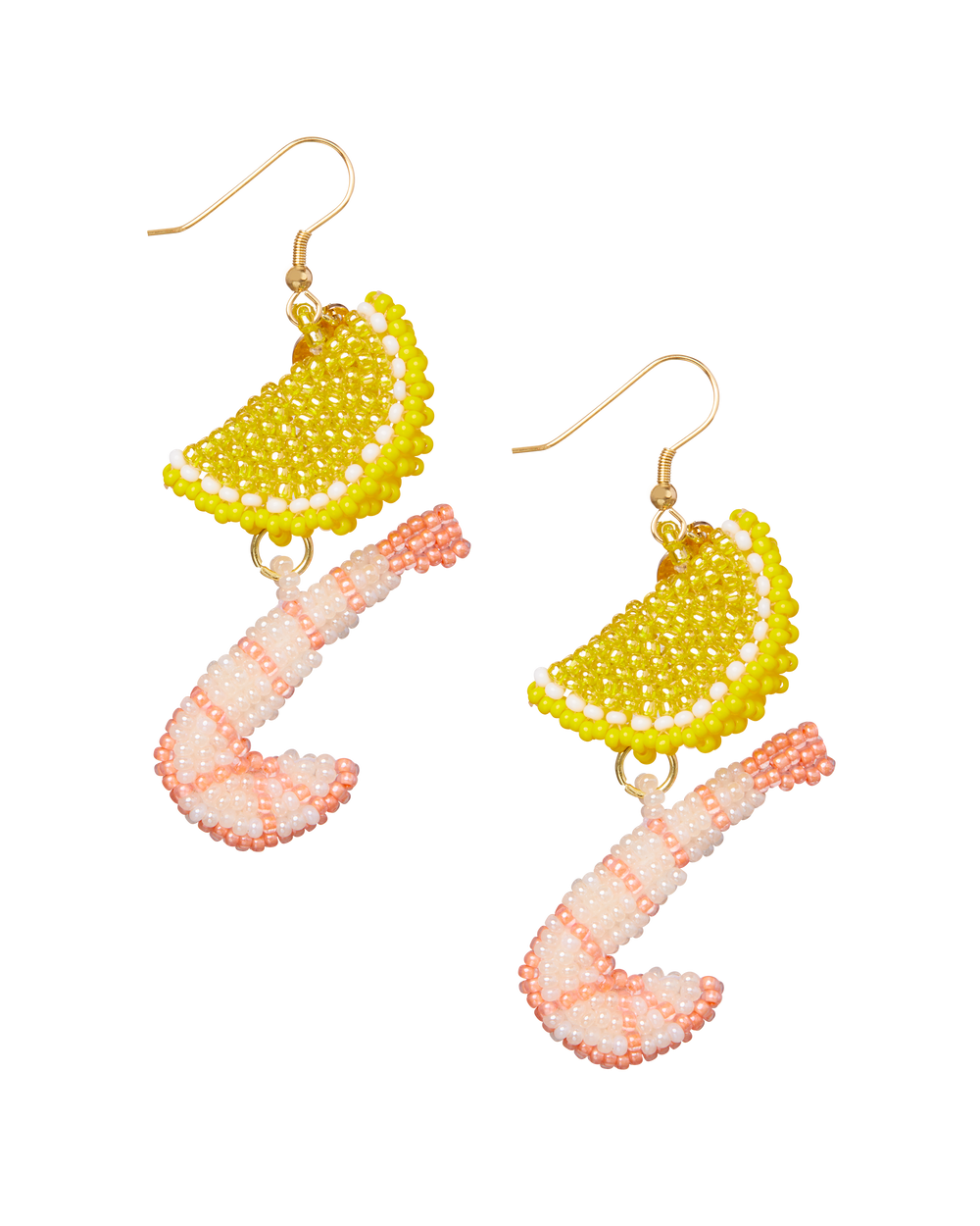 Front view of Shrimp Cocktail earrings showing beaded pink shrimp dangles and yellow beaded lemon slices with gold hooks