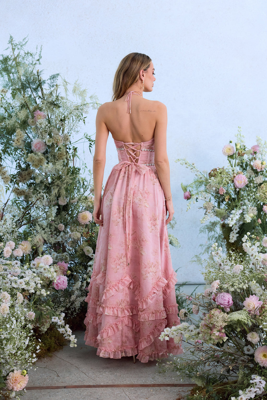 light pink dress with roses Voluminous rose appliques Pink maxi dress, Garden of Eden XL / 10 / Pink