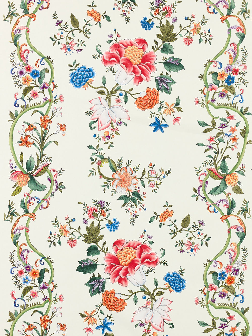 Close-up of Camellia Trellis fabric showcasing a vertical floral trellis pattern with multicolor flowers on cream background