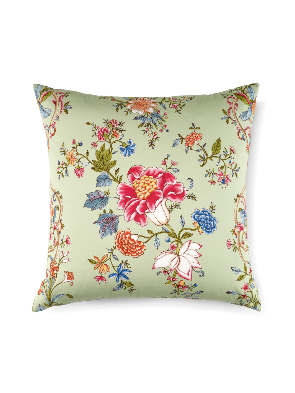 Front view of Camellia Trellis Pillow showcasing Seafoam Posey floral trellis pattern on a seafoam green background