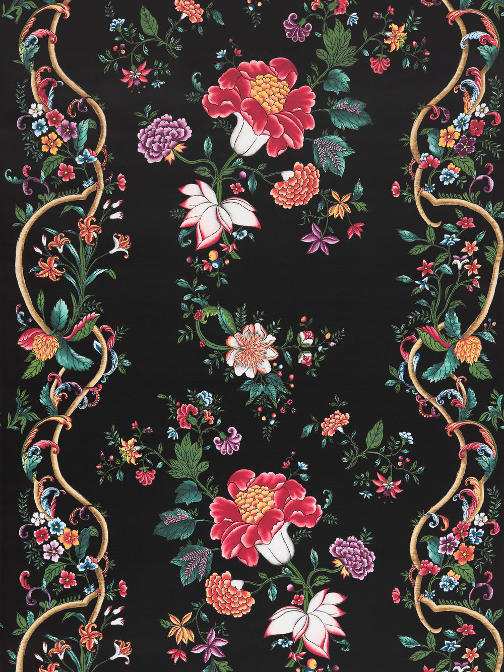 Front view of Camellia Trellis wallcovering showing large red camellias and multicolored floral trellis on black background