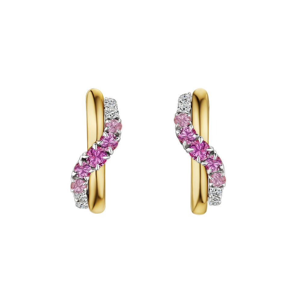 Pink Coil Graduated Round Sapphire and Diamond Wave Huggies in Yellow Gold and Platinum featuring a twisted wave design with pink sapphires and diamonds set along the front, creating a stylish and elegant look. These earrings beautifully combine sophistication with modern flair.