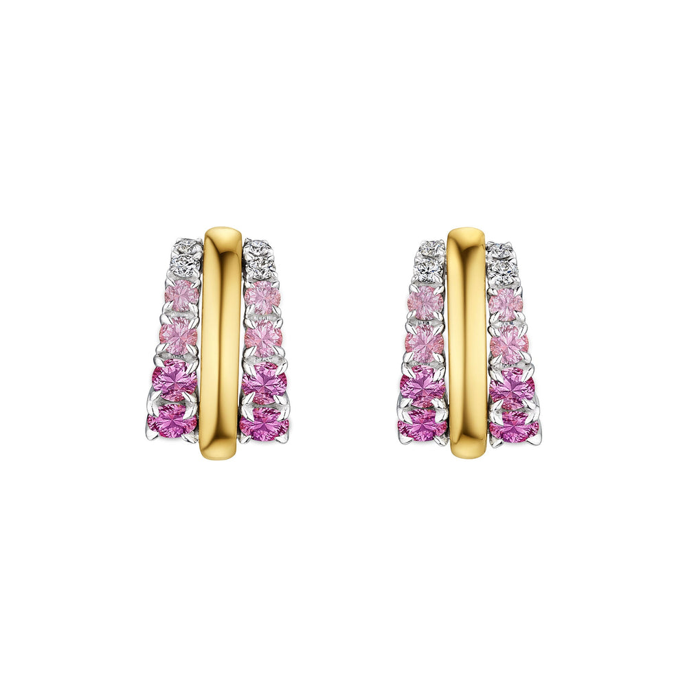 Pink Coil Hoops with Graduated Round Sapphire and Diamond Borders in Yellow Gold and Platinum, featuring gemstones arranged from the deepest pink at the bottom to sparkling clear diamonds at the top, shown against a white background.