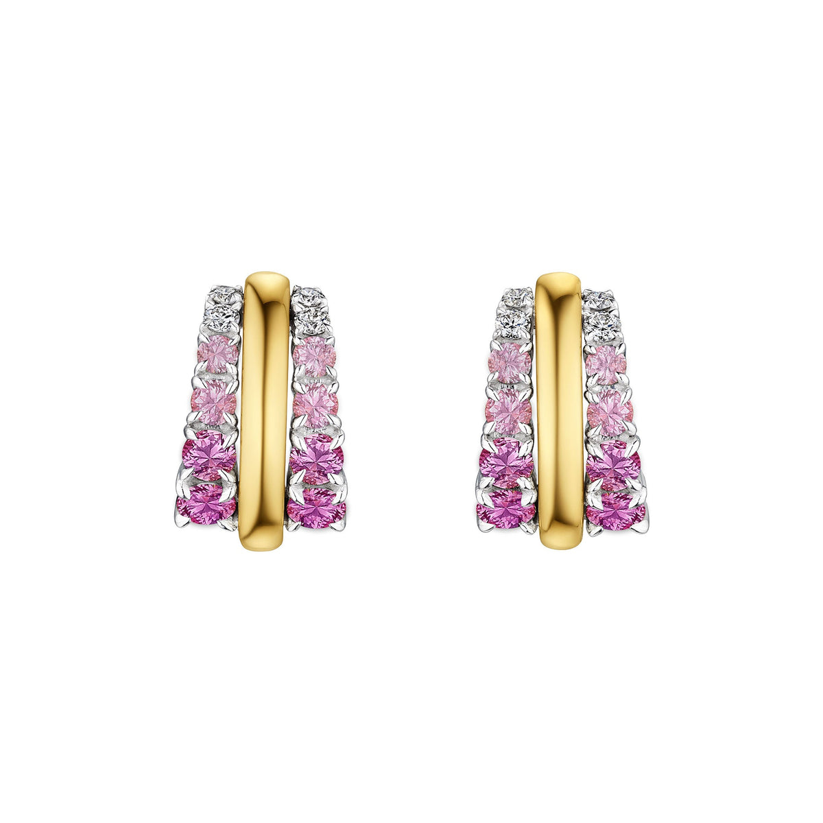 Pink Coil Hoops with Graduated Round Sapphire and Diamond Borders in Yellow Gold and Platinum, featuring gemstones arranged from the deepest pink at the bottom to sparkling clear diamonds at the top, shown against a white background.
