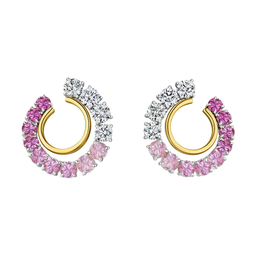 Introducing the Pink Coil Round Sapphire and Diamond Front-to-Back Hoop Earrings in Yellow Gold and Platinum—crafted in radiant 18k yellow gold with platinum accents. These elegant circular earrings feature alternating pink sapphires and white diamonds arranged in a gradient along the outer edge, creating a vibrant look that adds a touch of sophistication to any jewelry collection.