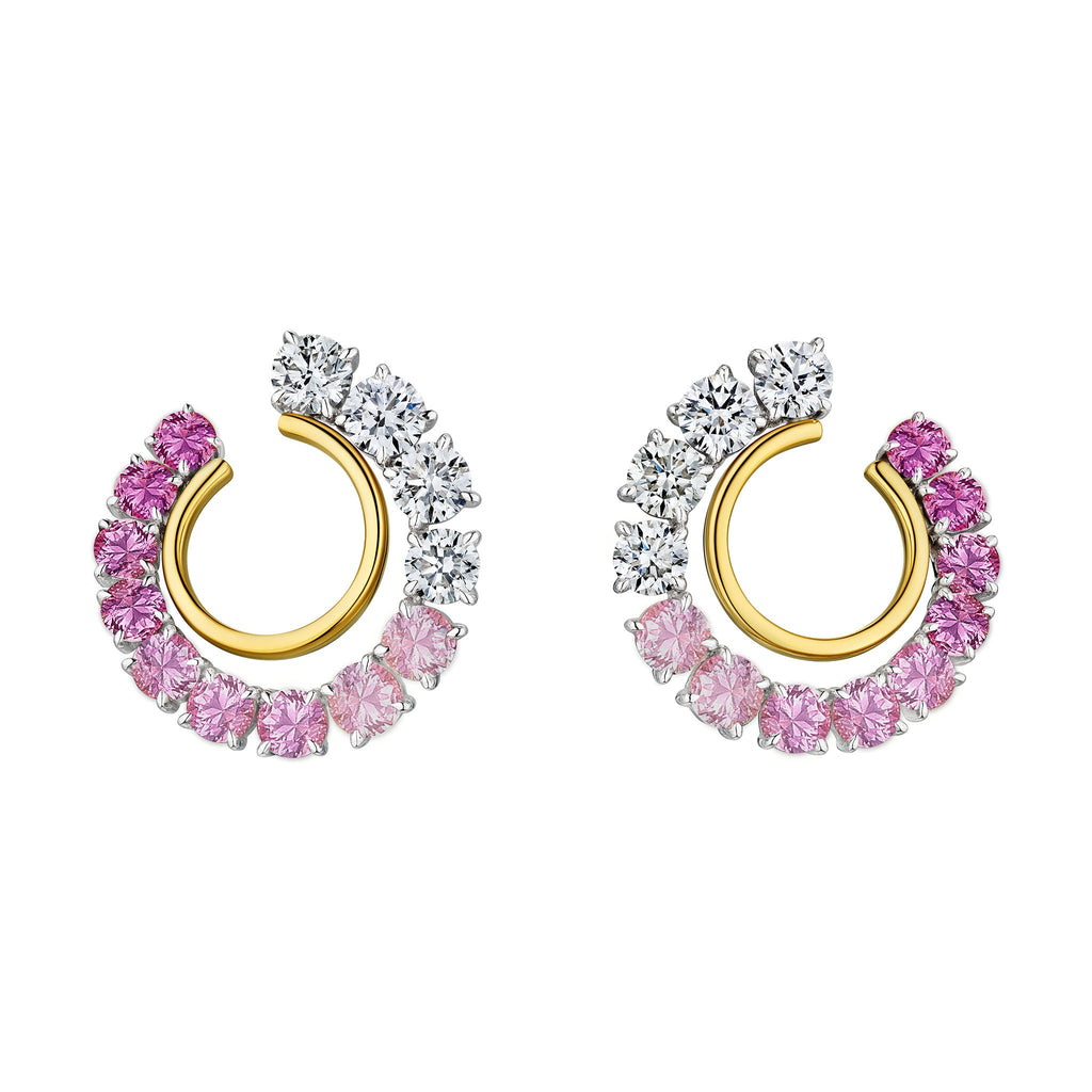 Introducing the Pink Coil Round Sapphire and Diamond Front-to-Back Hoop Earrings in Yellow Gold and Platinum—crafted in radiant 18k yellow gold with platinum accents. These elegant circular earrings feature alternating pink sapphires and white diamonds arranged in a gradient along the outer edge, creating a vibrant look that adds a touch of sophistication to any jewelry collection.