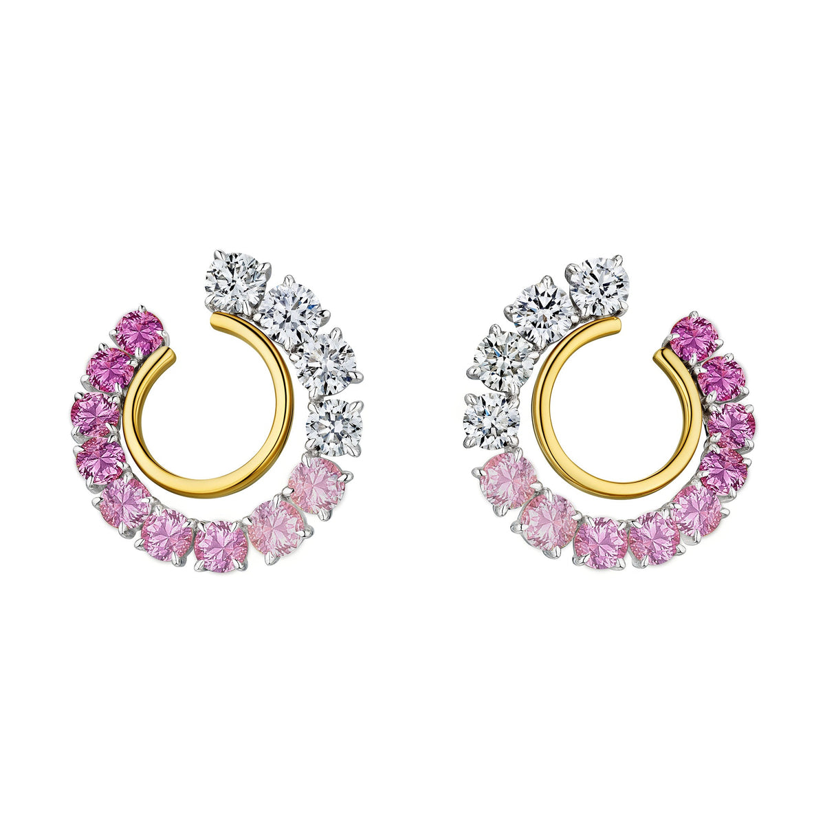 Introducing the Pink Coil Round Sapphire and Diamond Front-to-Back Hoop Earrings in Yellow Gold and Platinum—crafted in radiant 18k yellow gold with platinum accents. These elegant circular earrings feature alternating pink sapphires and white diamonds arranged in a gradient along the outer edge, creating a vibrant look that adds a touch of sophistication to any jewelry collection.