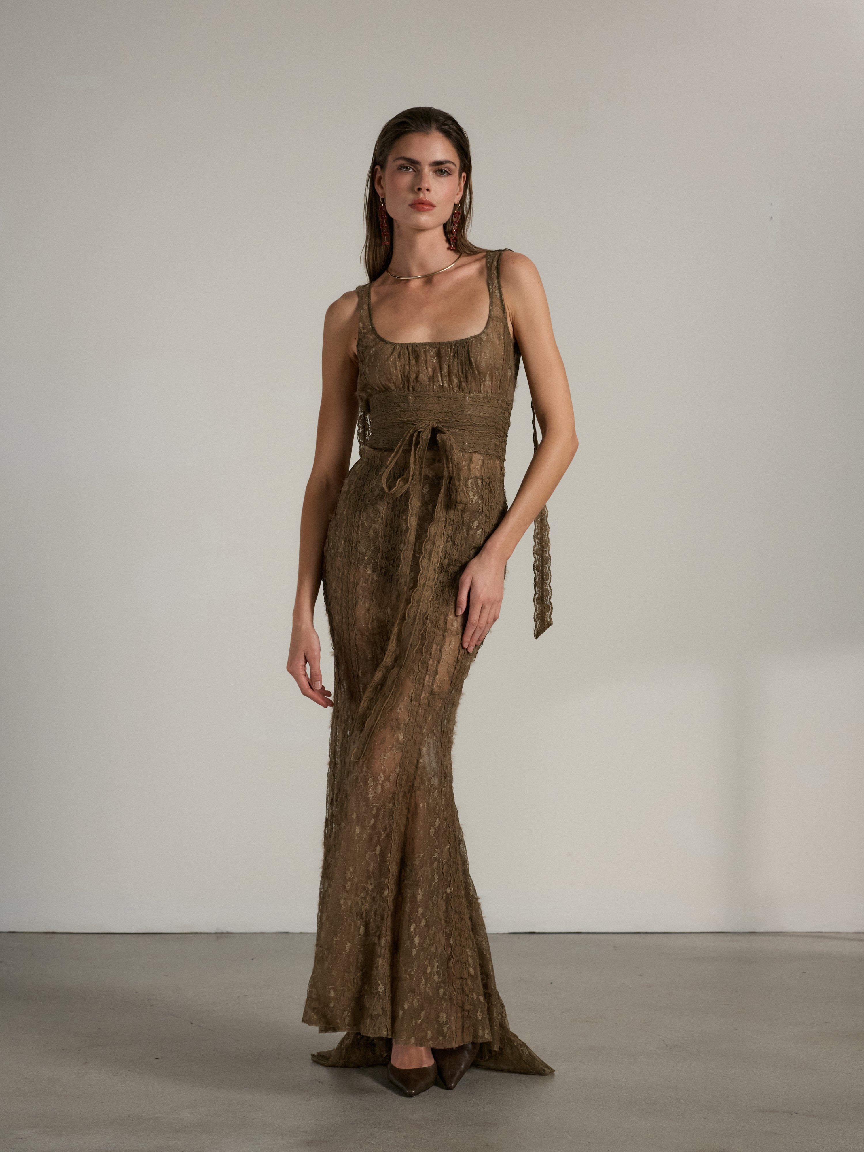 The Seville Dress in Brown Fuzzy Lace