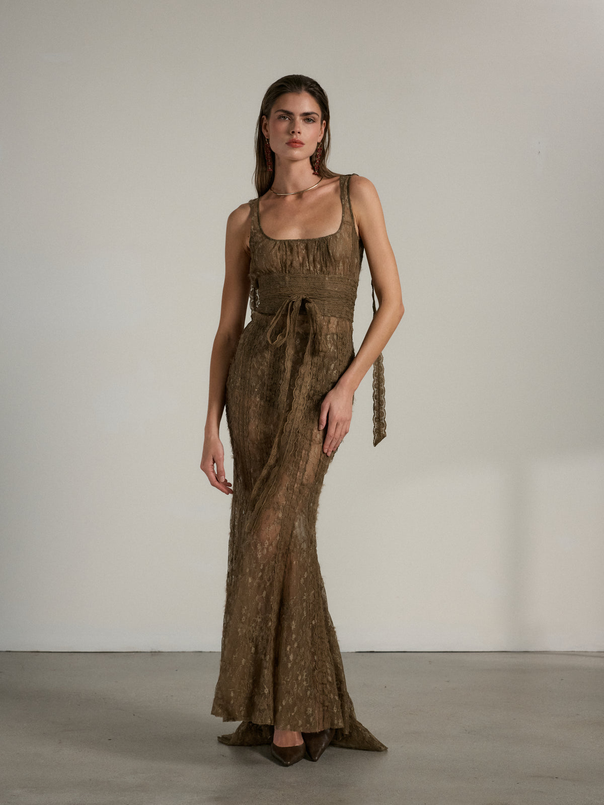 The Seville Dress in Brown Fuzzy Lace
