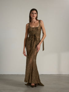 The Seville Dress in Brown Fuzzy Lace