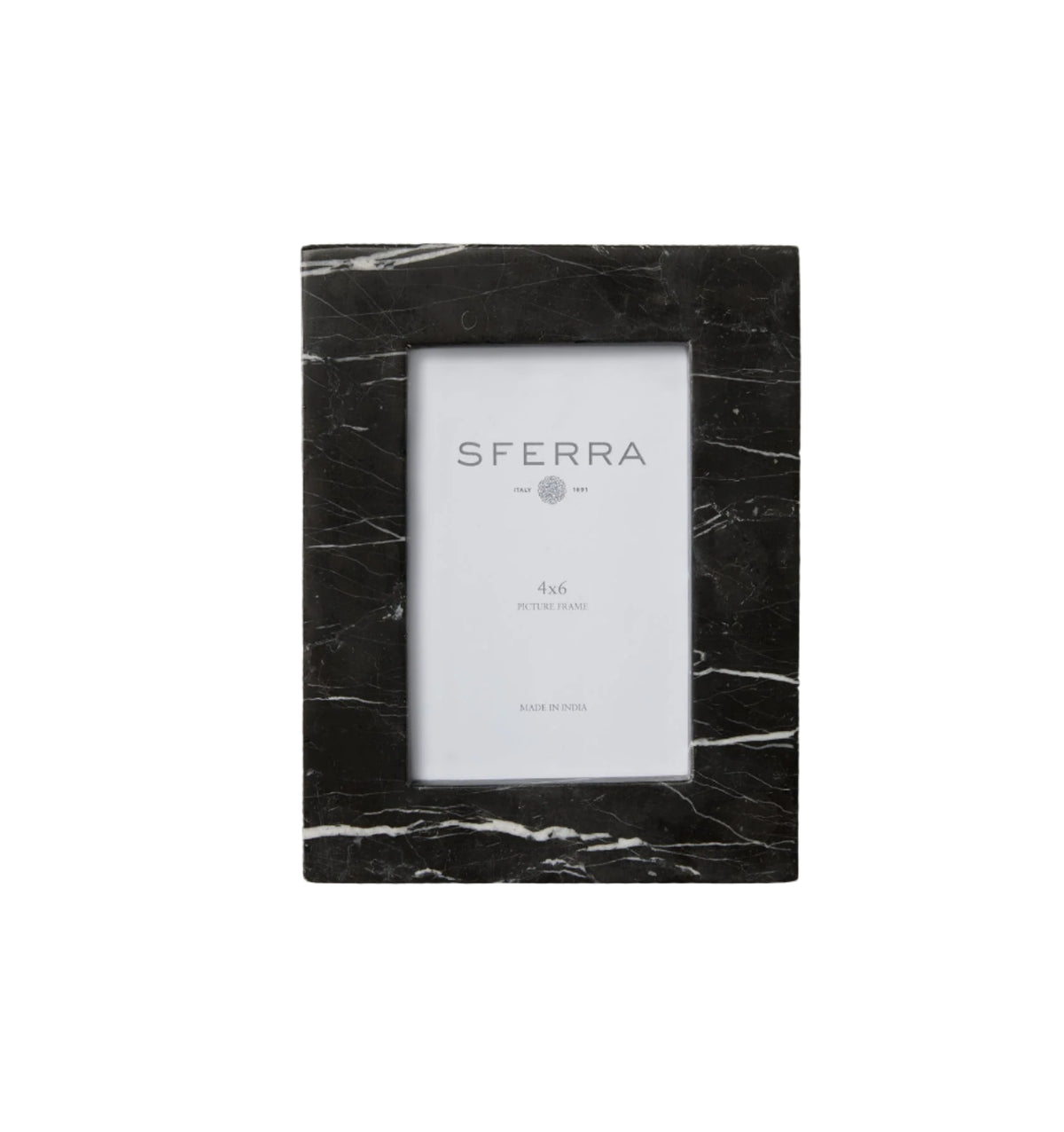 Front view of Marquina black marble photo frame showing white veining on a white background