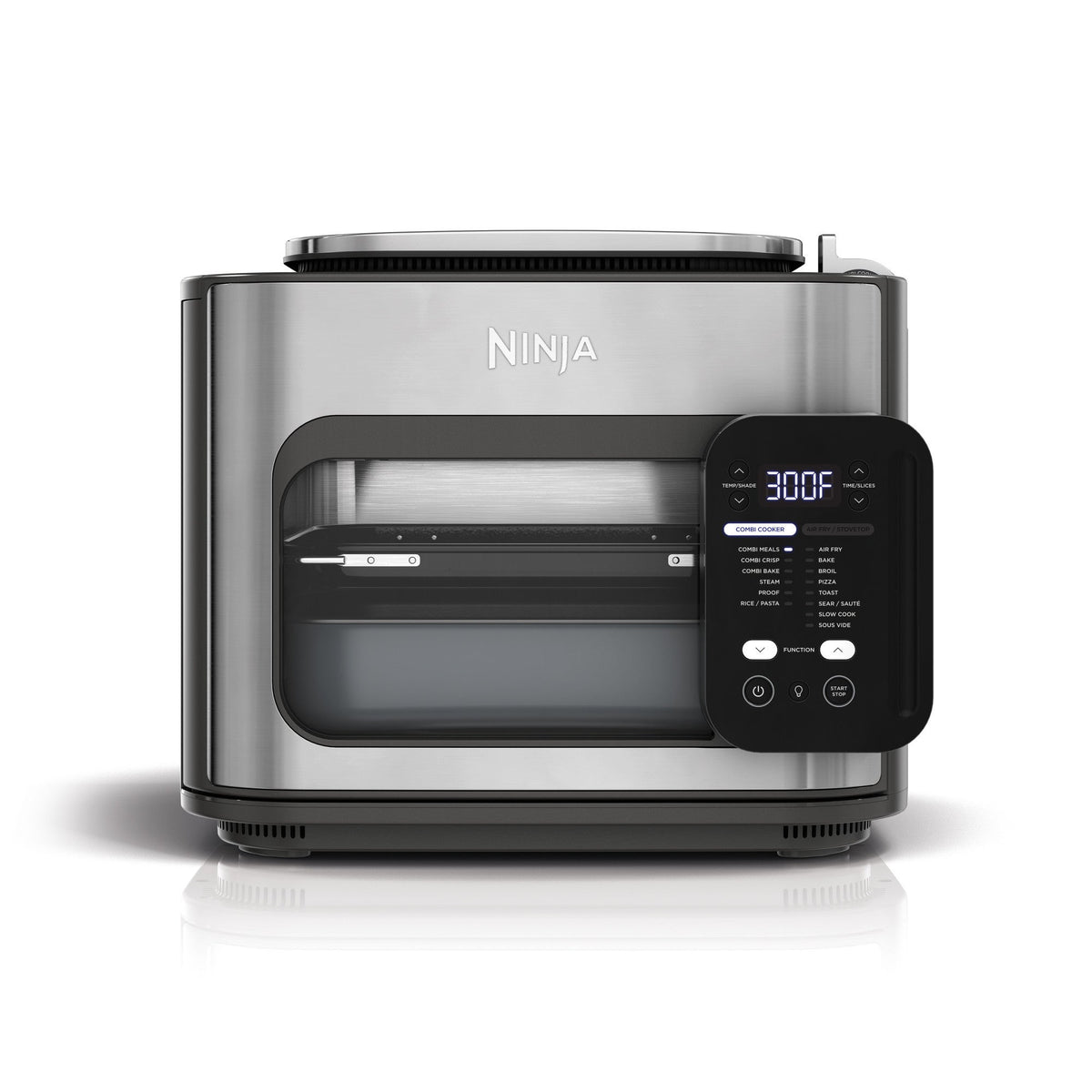 Front view of Ninja Combi multicooker oven and air fryer with digital control panel and interior rack