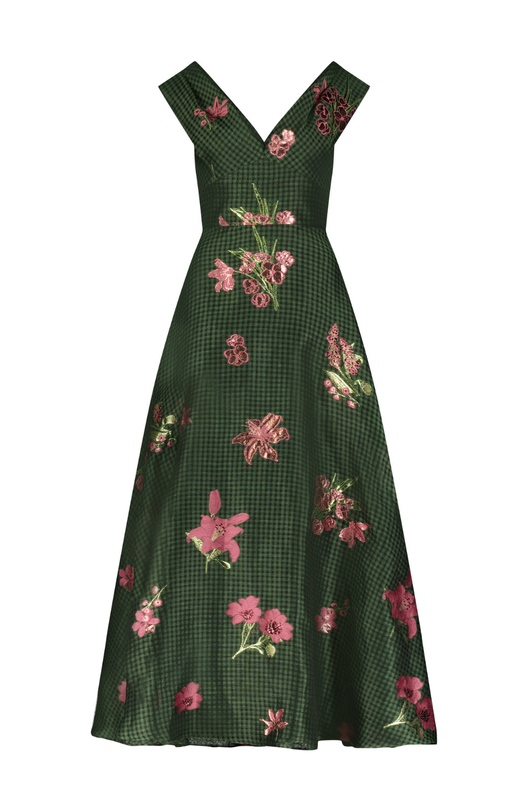 Floral Fil Coupe V-Neck Off The Shoulder Dress in Moss