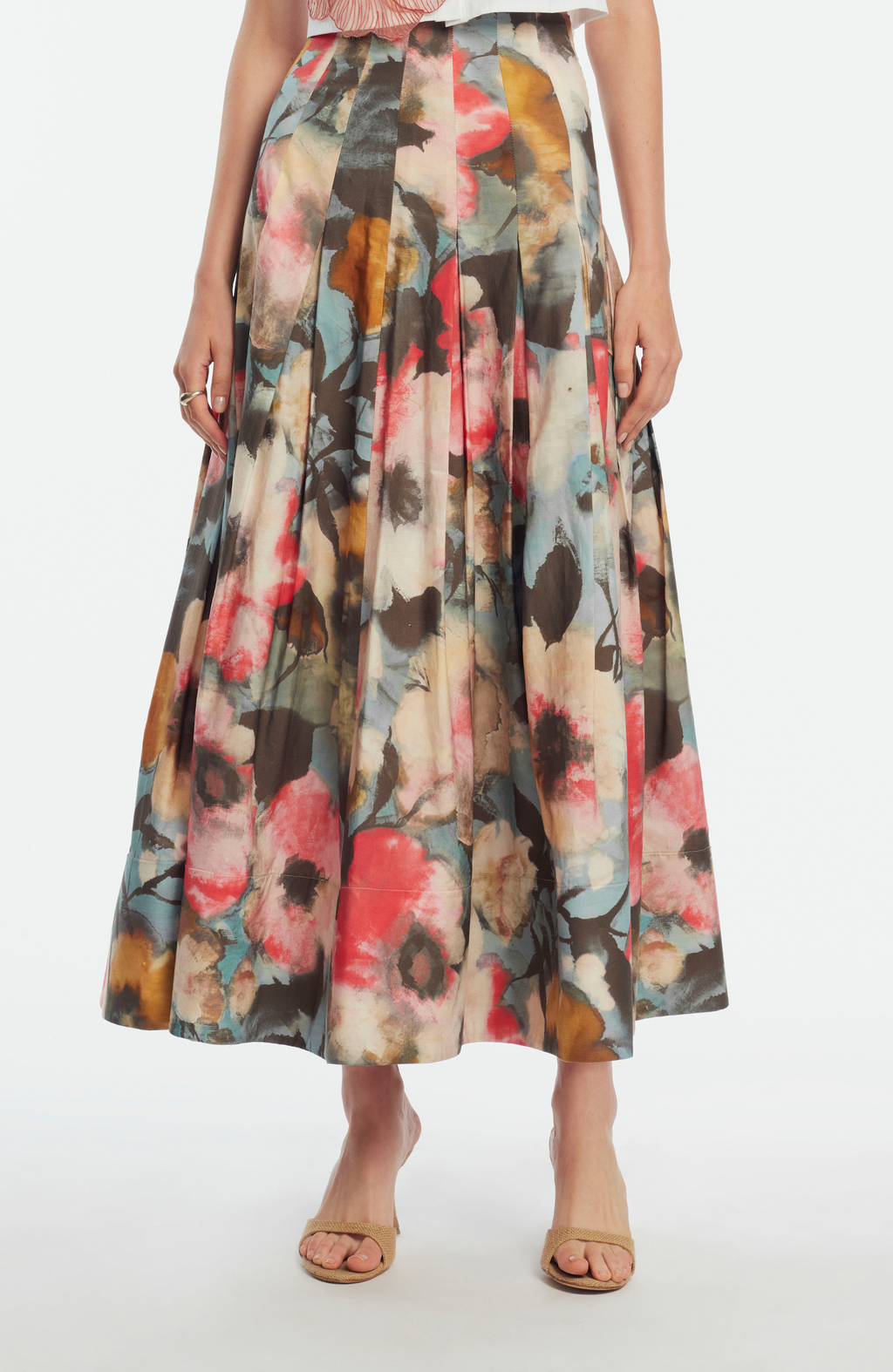 Floral Printed Cotton Full Skirt in Mist Multi