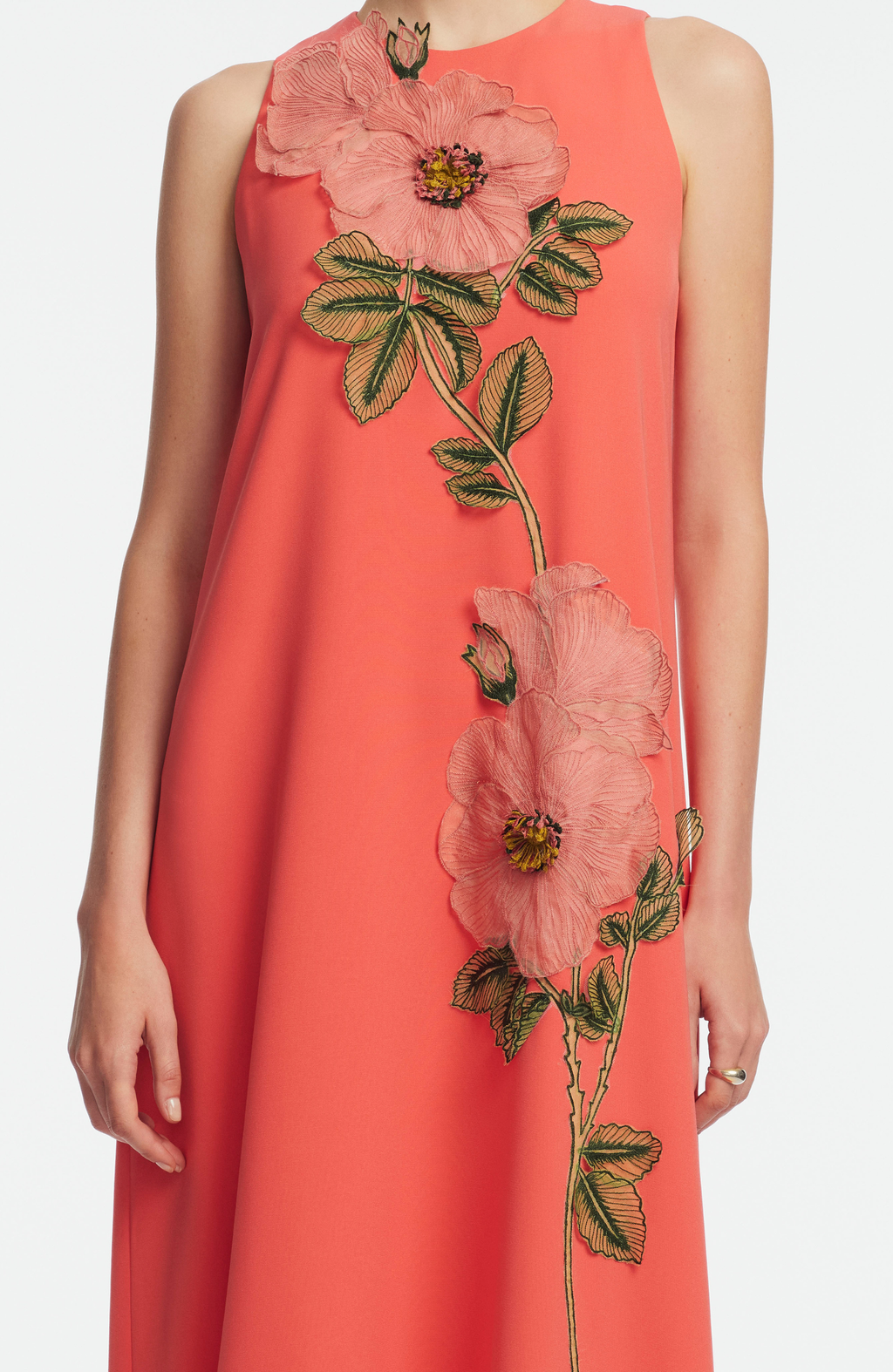 Peony Embroidered Fluid Crepe Francie Gown in Watermelon/Pink