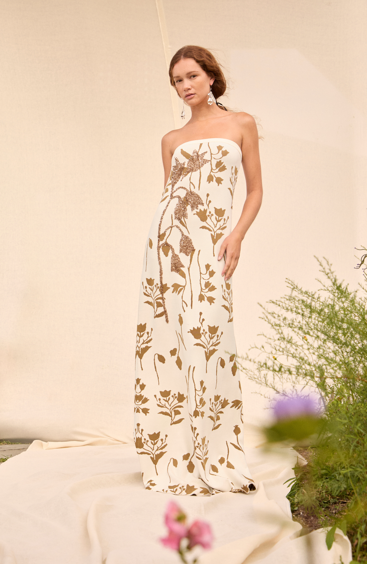 Front view of Floral Jacquard Knit Beaded Strapless Dress in Cream/Camel showing straight fit and botanical beading