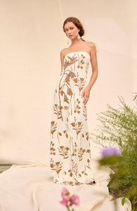 Floral Jacquard Knit Beaded Strapless Dress in Cream/Camel