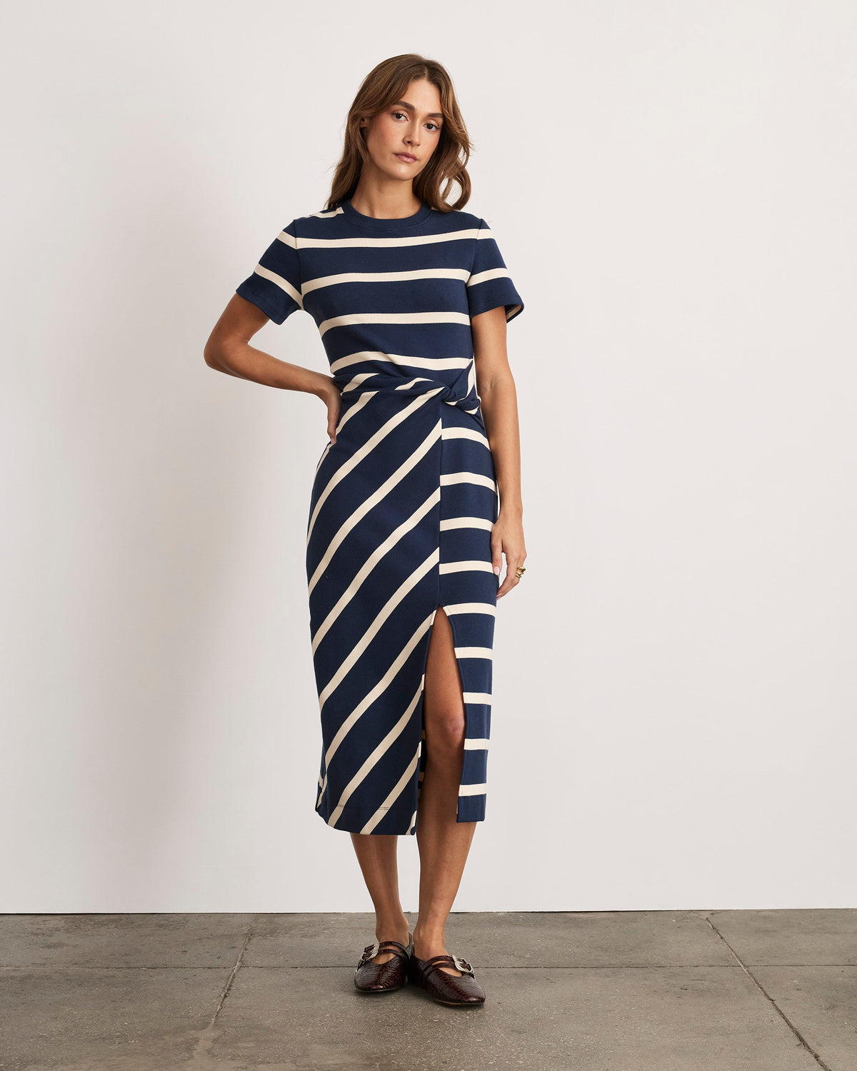 Short Sleeve Striped Cody Dress in Maritime Blue & Cream Wide Stripe