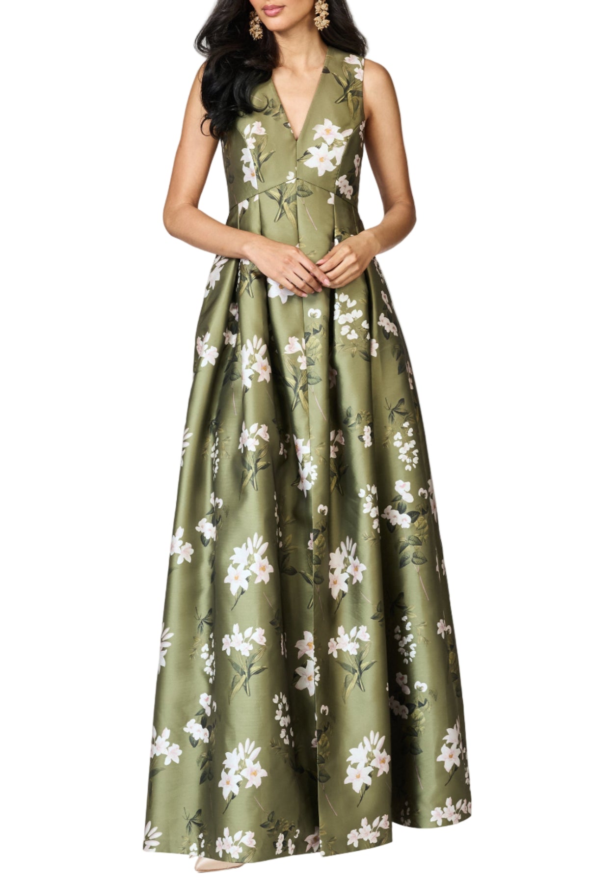Front view of Brooke Gown in Moss Formosa showcasing V neckline and floral printed mikado with white background