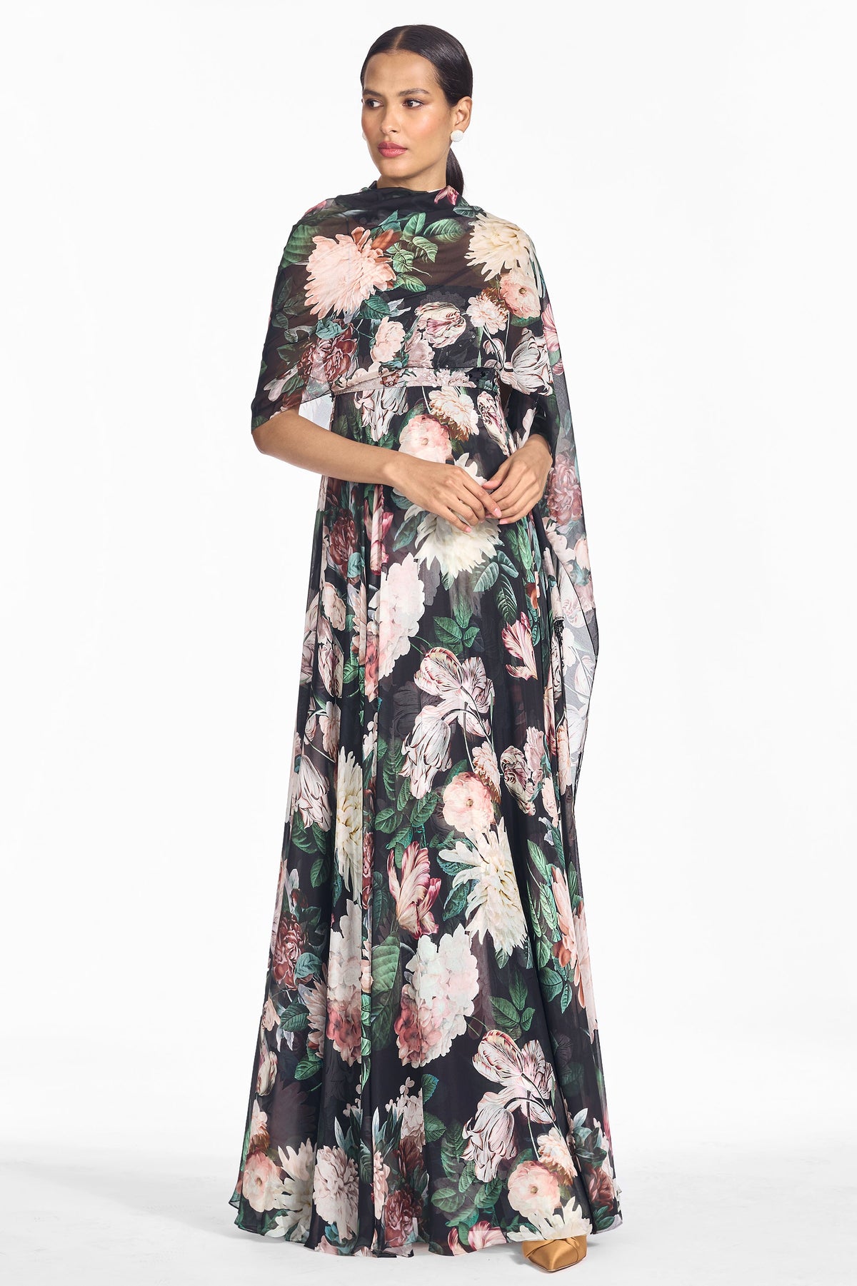 Embellished Ames Gown in Onyx & Blush Blooms