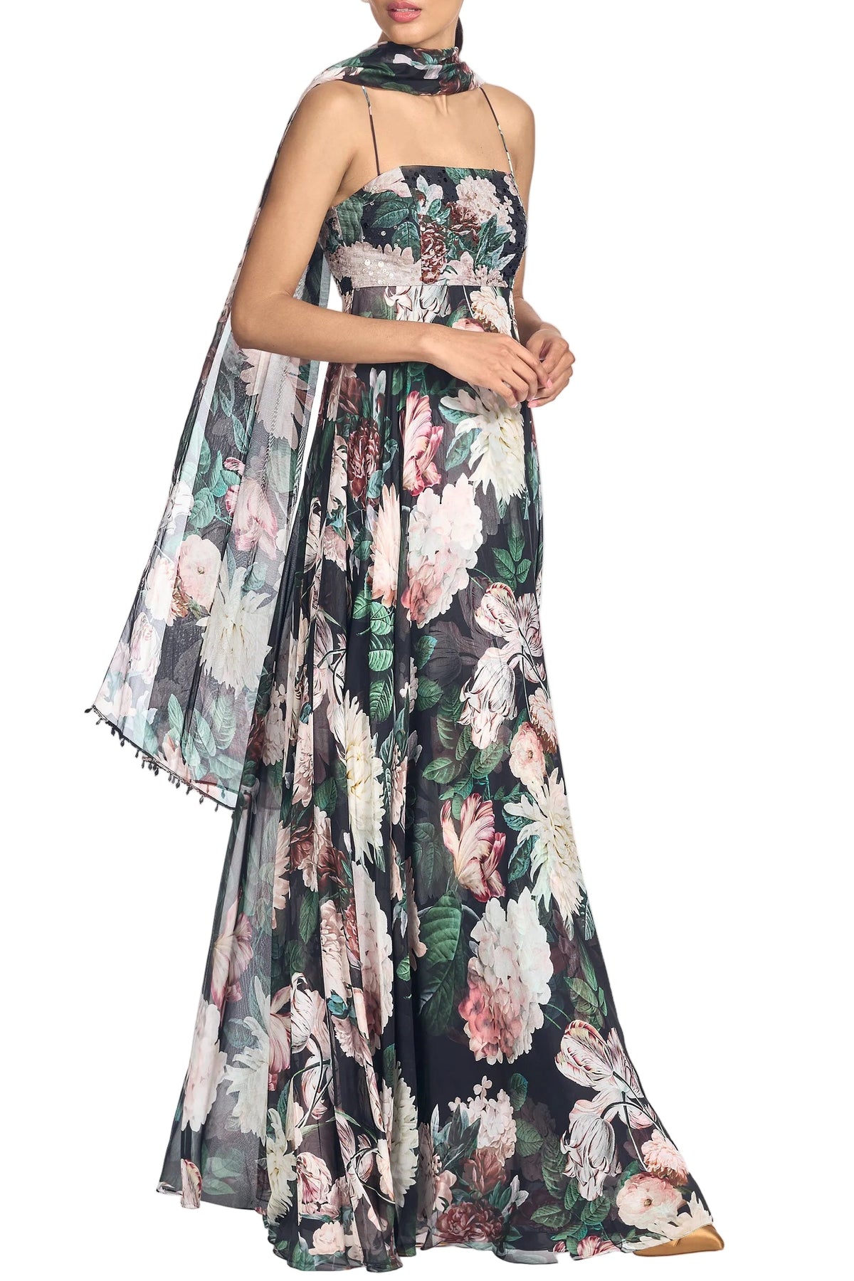 Embellished Emmy Scarf in Onyx & Blush Blooms