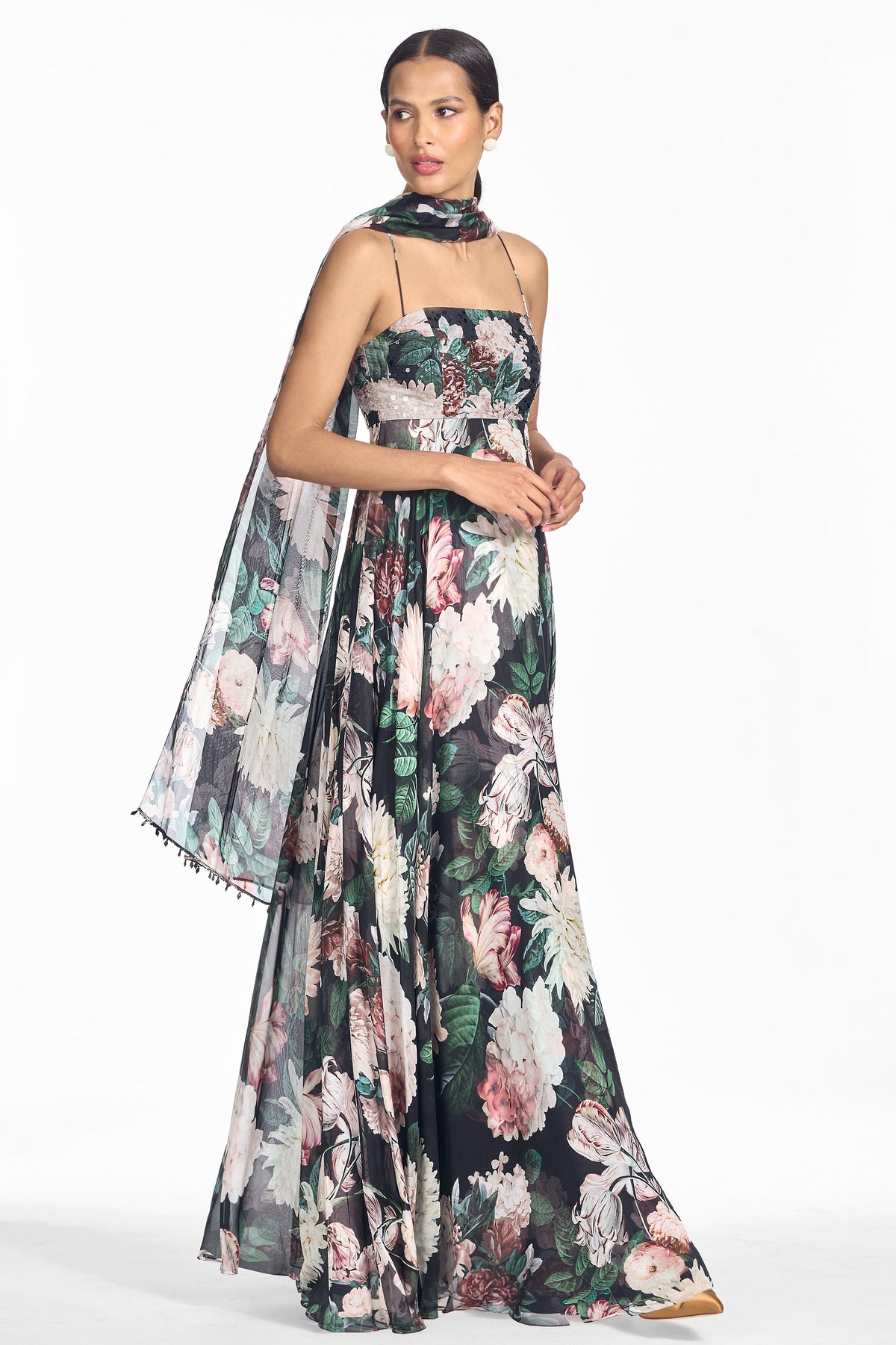 Embellished Ames Gown in Onyx & Blush Blooms