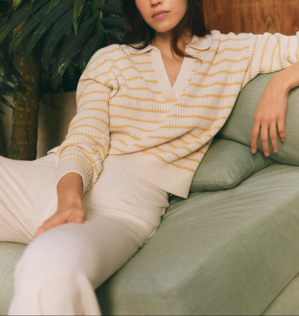 Coastal Cotton Sweater Polo in Stripe Almond Heather/Sunbeam