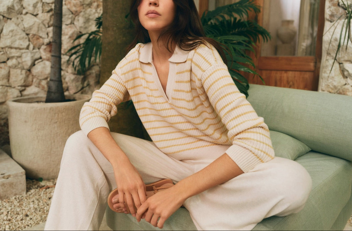 Coastal Cotton Sweater Polo in Stripe Almond Heather/Sunbeam