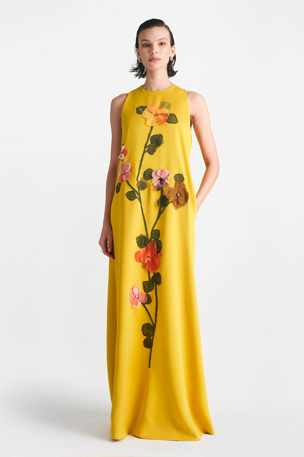 Fluid Crepe Floral Embroidery Francie Gown in Mustard Multi