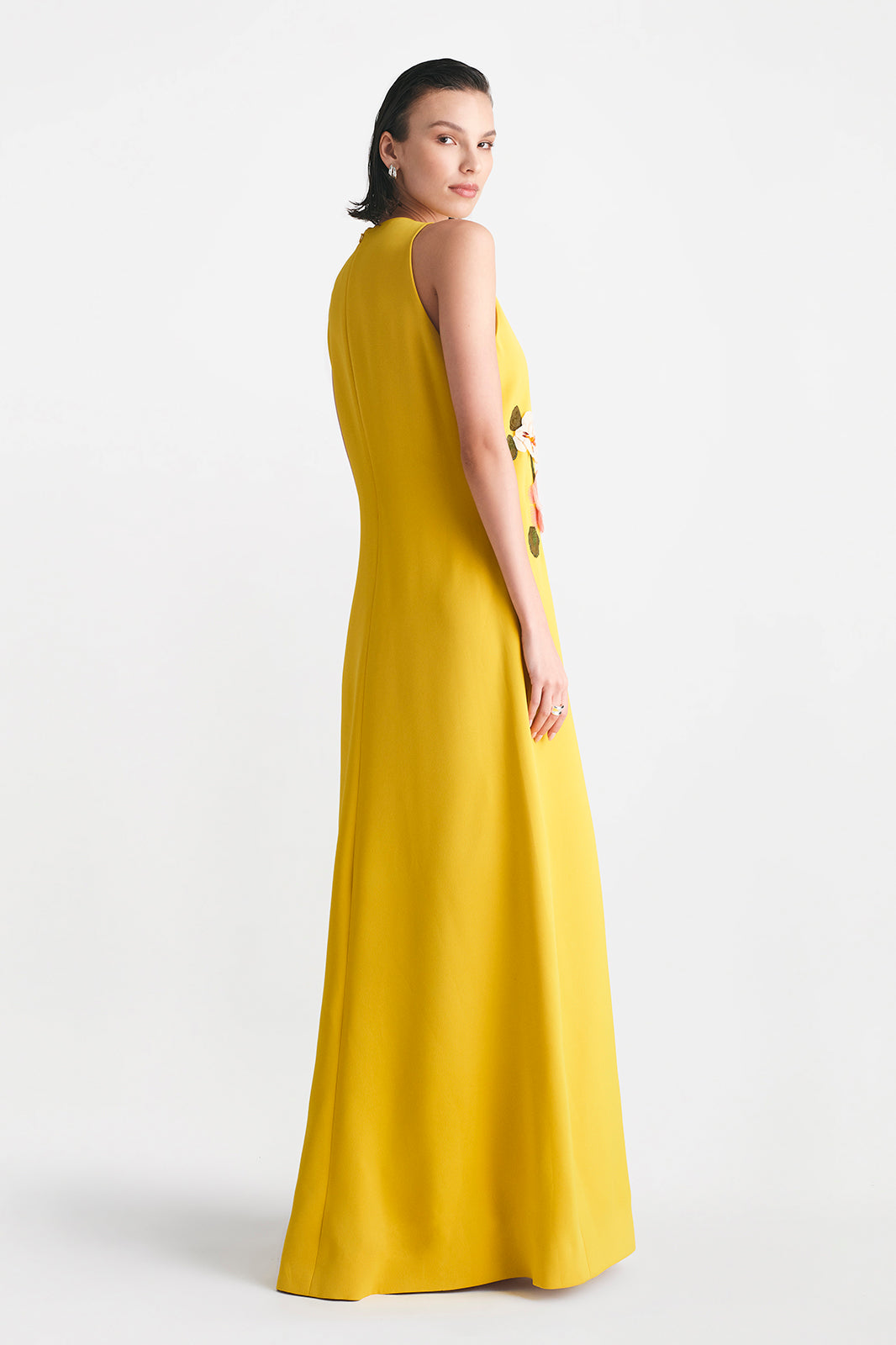 Fluid Crepe Floral Embroidery Francie Gown in Mustard Multi