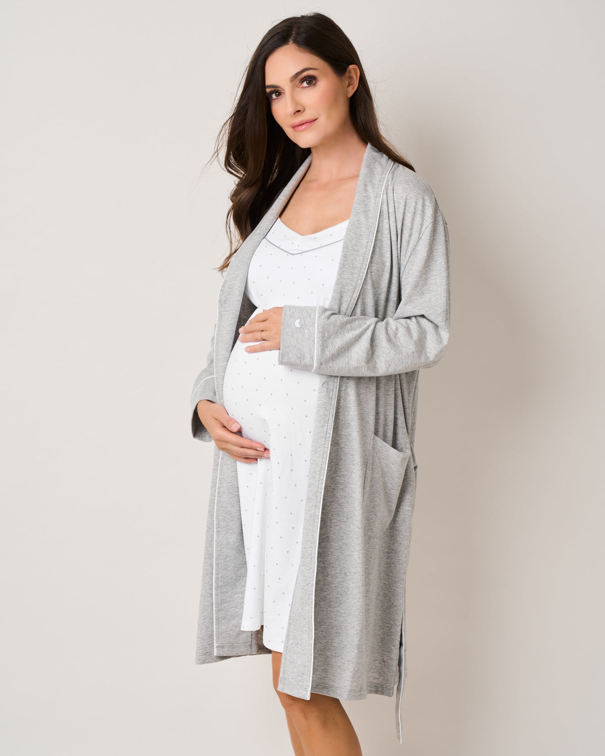 Front view of Hospital Stay Luxe Set in Light Heather Grey and Grey Stars showing robe and nightgown on neutral background