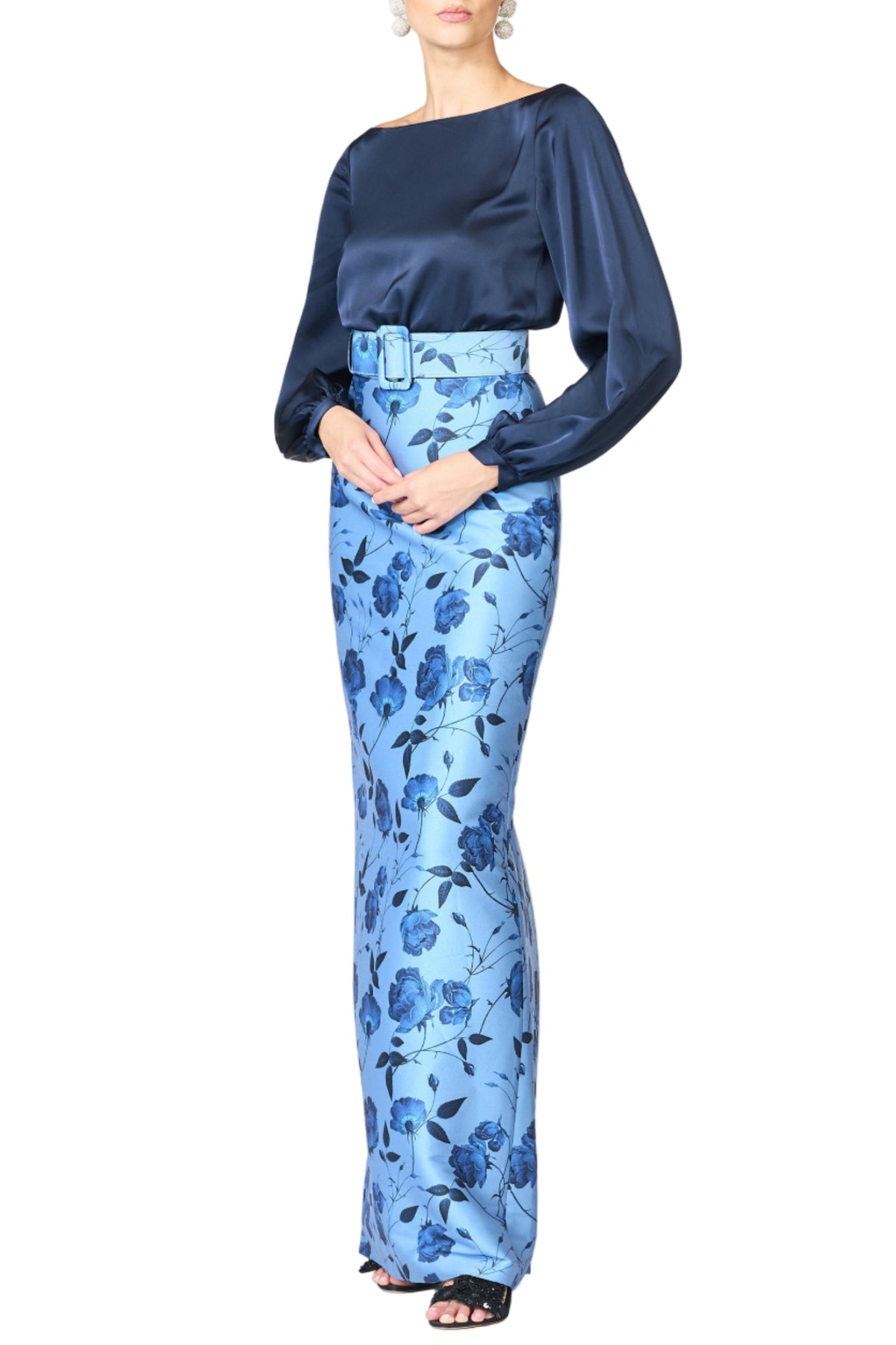 Front view of Astor Gown in Wild Steel Roses showcasing navy satin bodice, floral skirt, and matching belt on white background