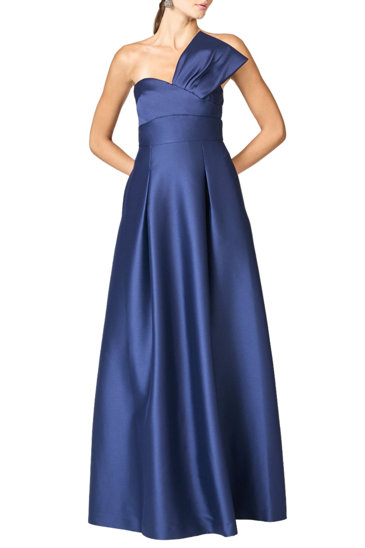 Front view of Stephie Gown in Night Sky showcasing pleated bodice, wide waistband, and A-line skirt on a white background