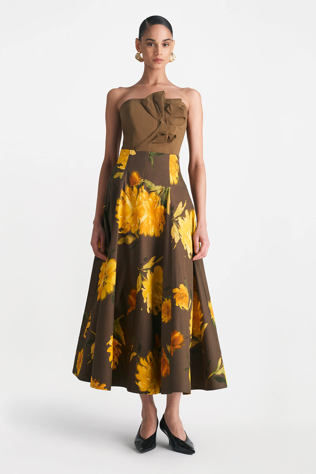 Floral Printed Cotton Parker Skirt in Chocolate Multi